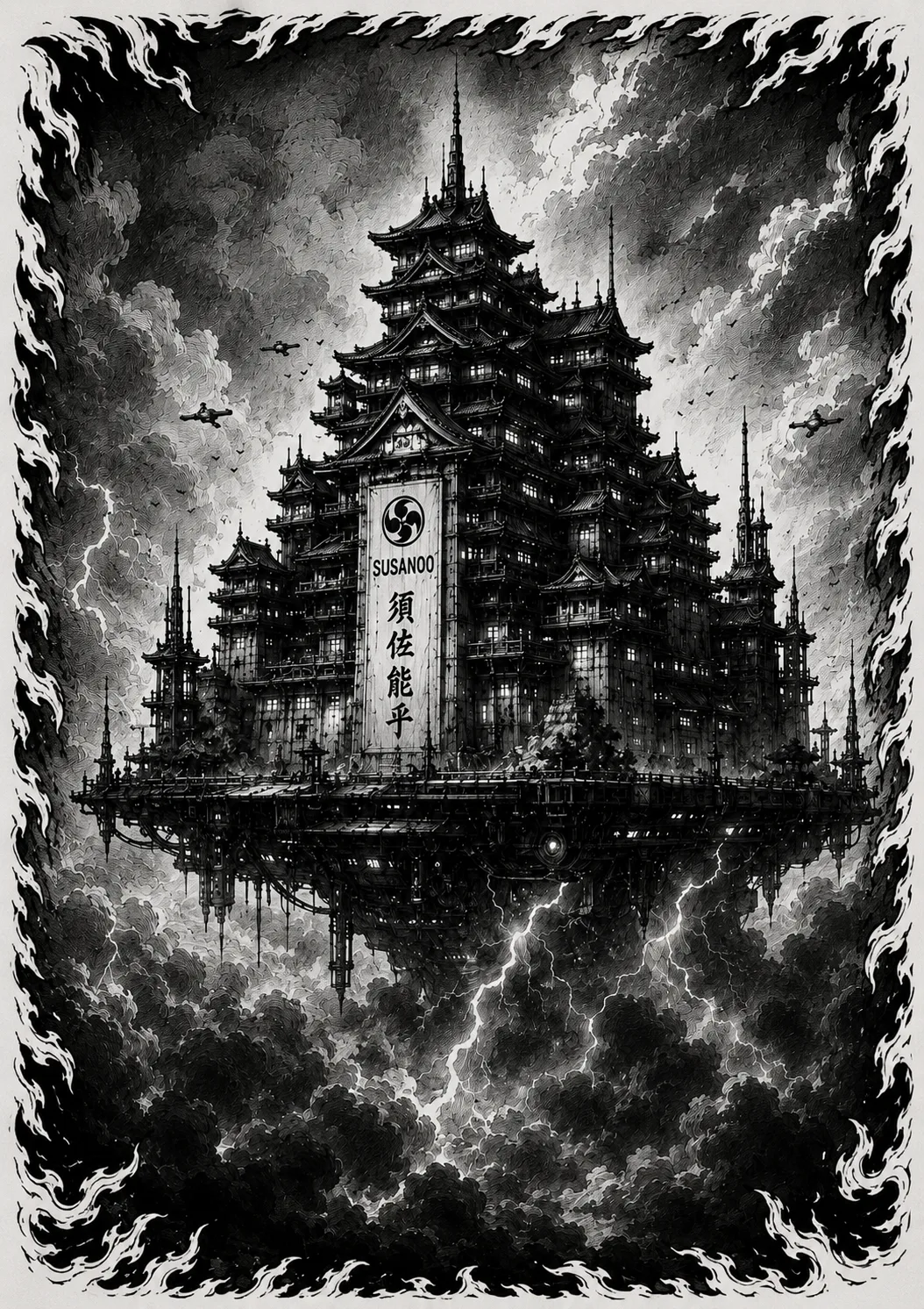 Castelo Susanoo flutuando sobre uma tempestade