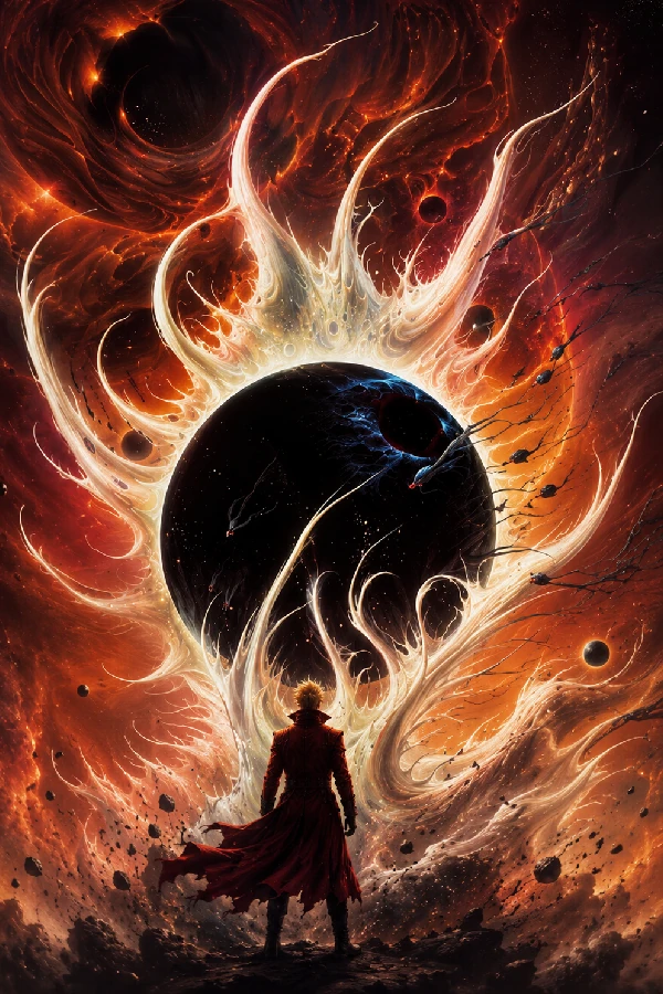 Uma figura diante do Dark Old Sun, um astro negro envolto por chamas brancas