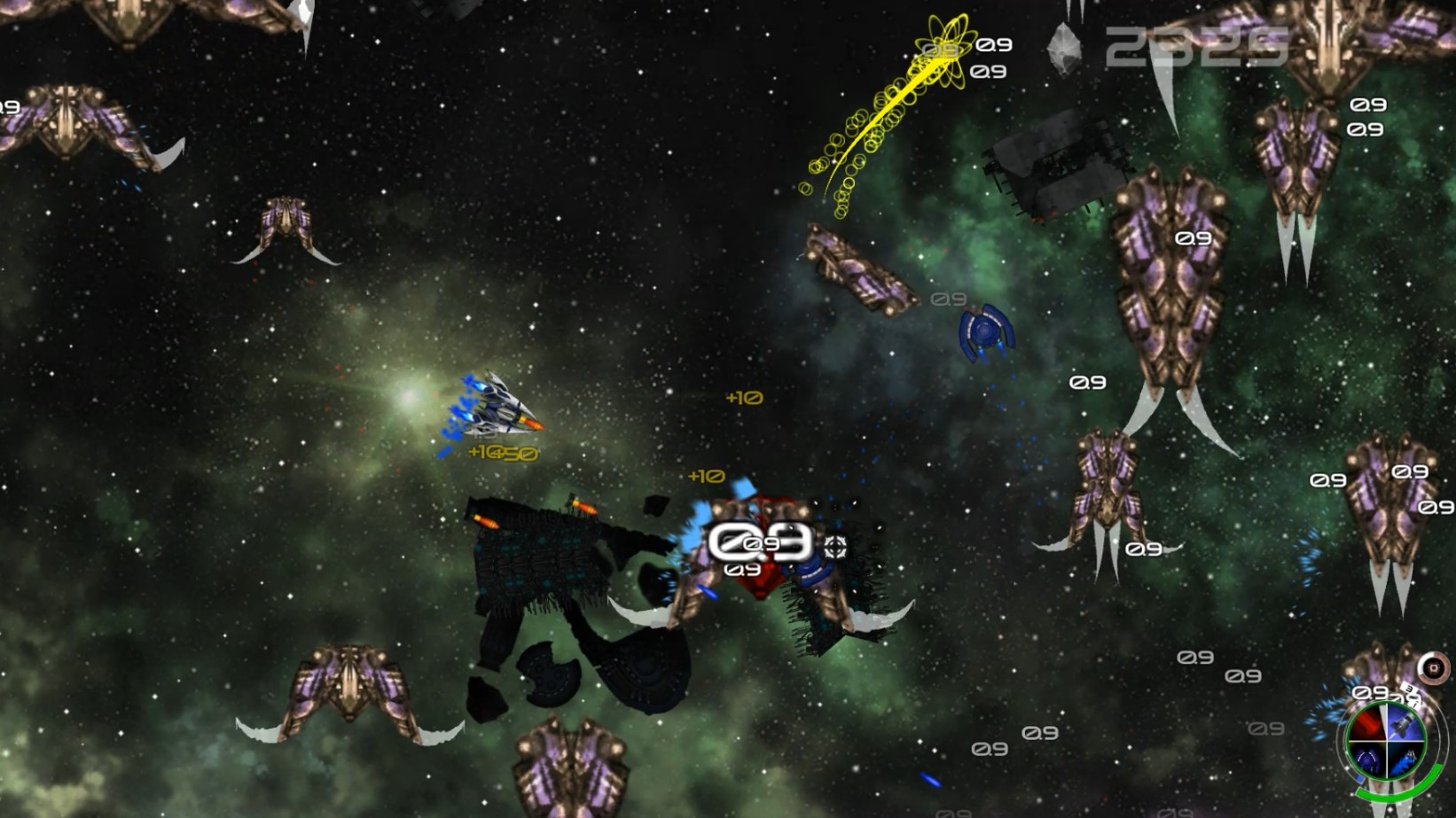A Void Walker cercada por inimigos durante um combate espacial