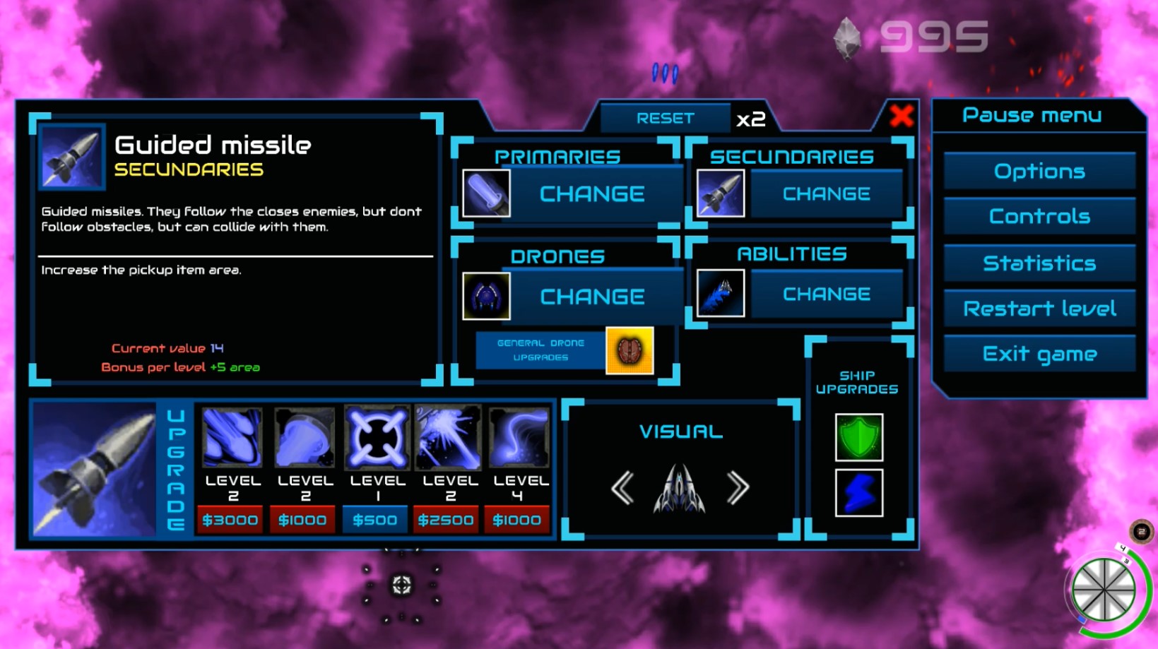 Interface de configuração de armas e melhorias da Void Walker