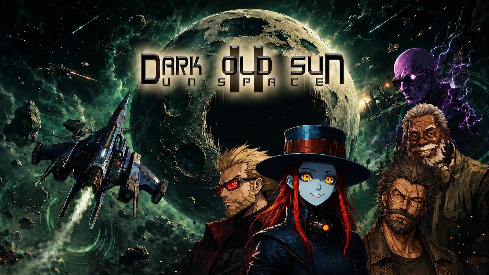 Arte do jogo Dark Old Sun II: Unspace com personagens, nave e um planeta ao fundo
