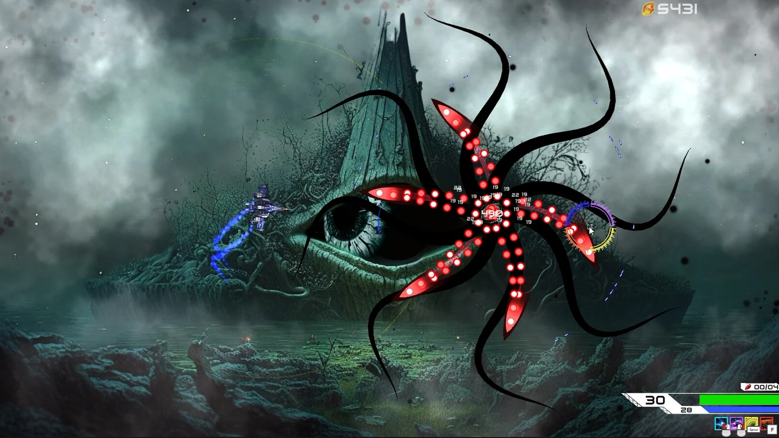 Criatura tentacular enfrentada diante de uma paisagem surreal do UNSPACE