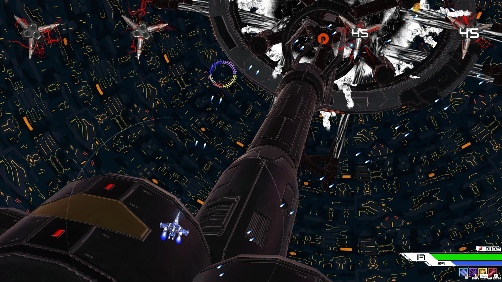 Combate bullet hell em torno de uma enorme estrutura espacial dentro do UNSPACE