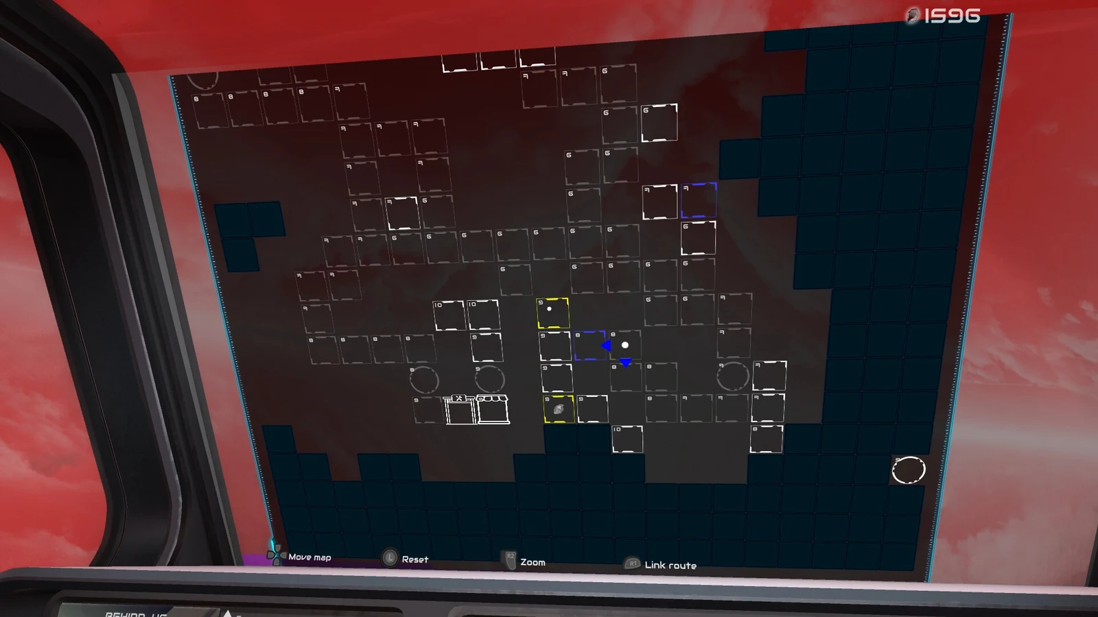 Mapa procedural exibido no cockpit da nave, com uma rota diferente a cada expedição
