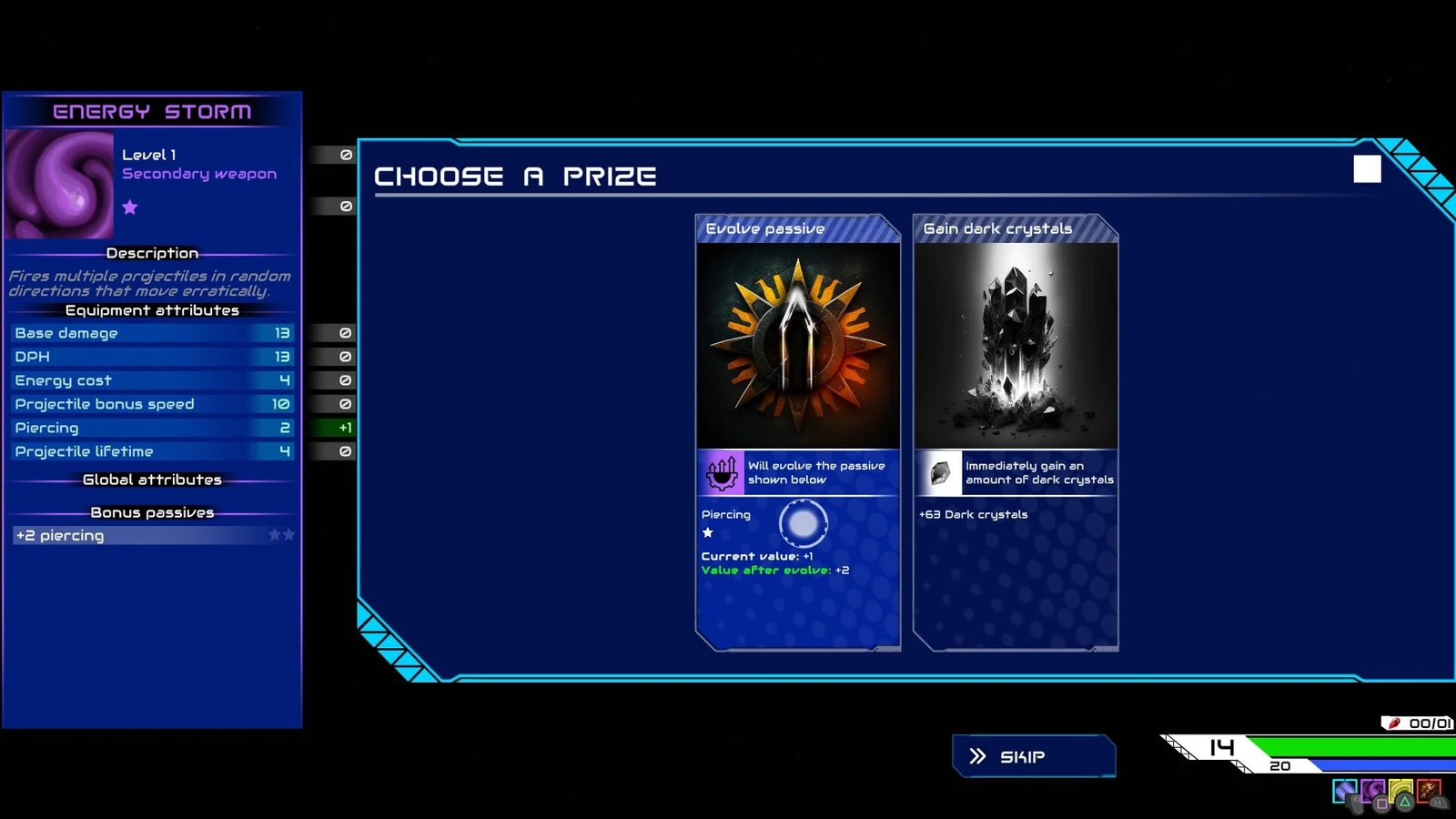 Tela de recompensa permitindo evoluir uma passiva ou receber cristais escuros